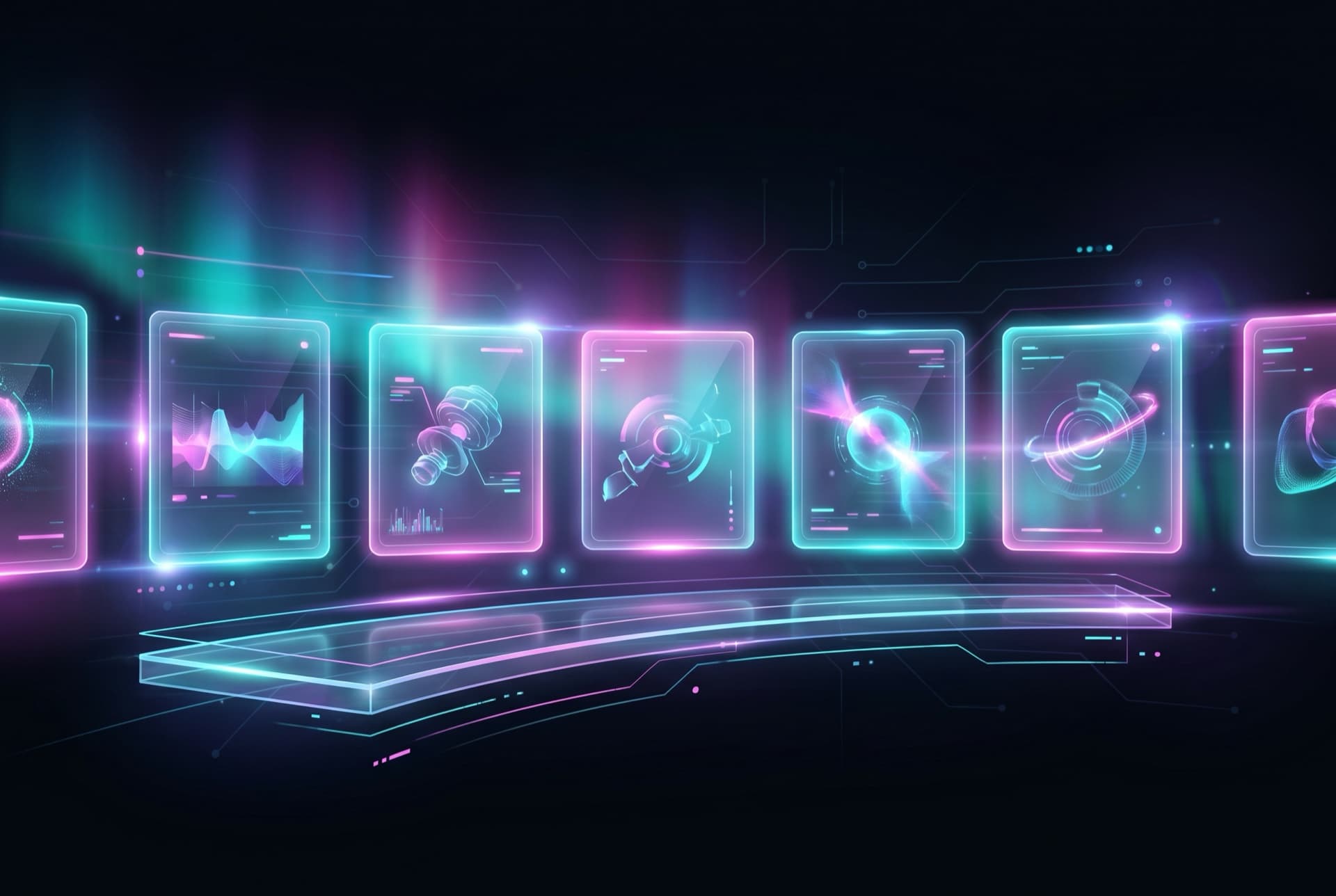 An AI agent browsing a catalog of glowing product cards on a neon shelf