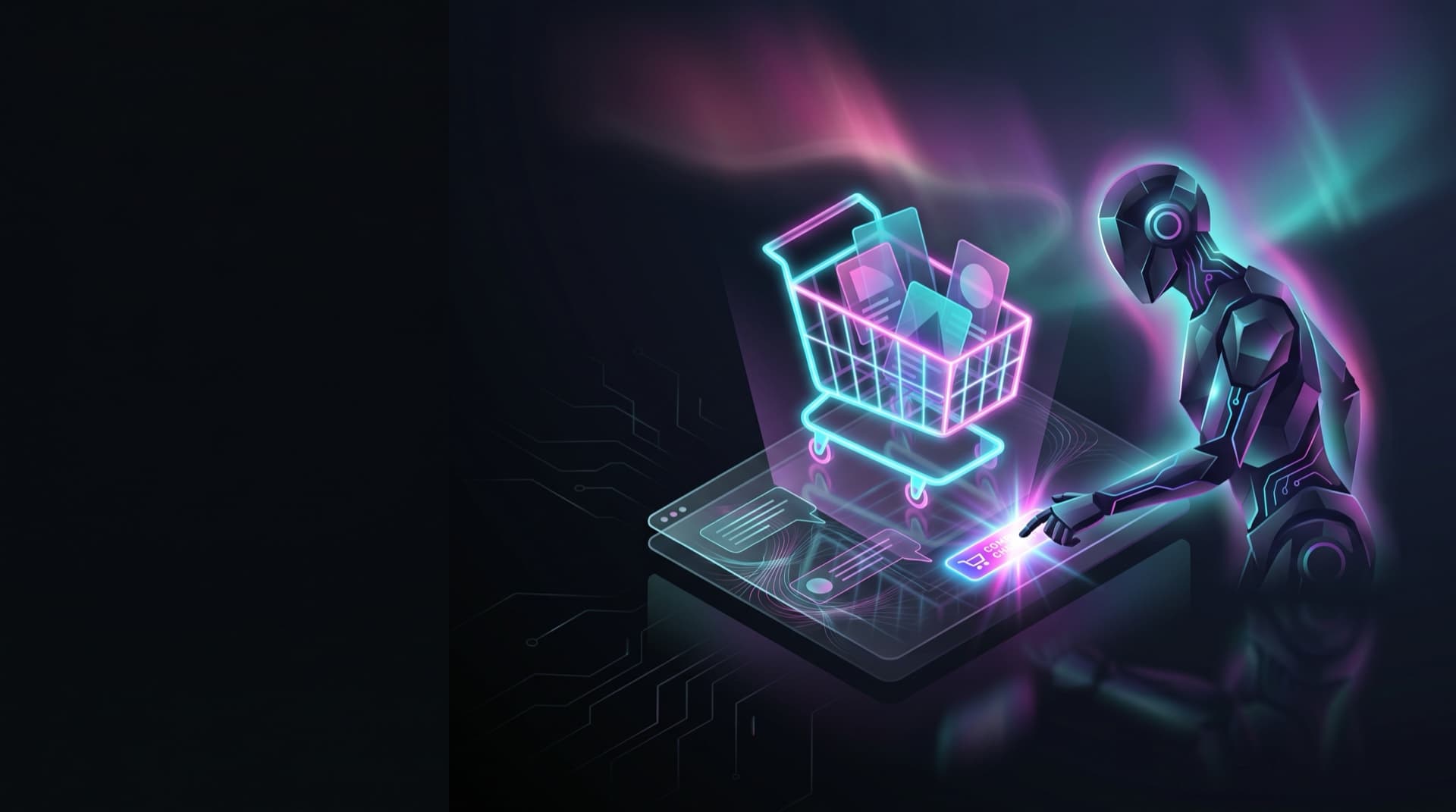 An AI agent completing a checkout from a glowing holographic shopping cart