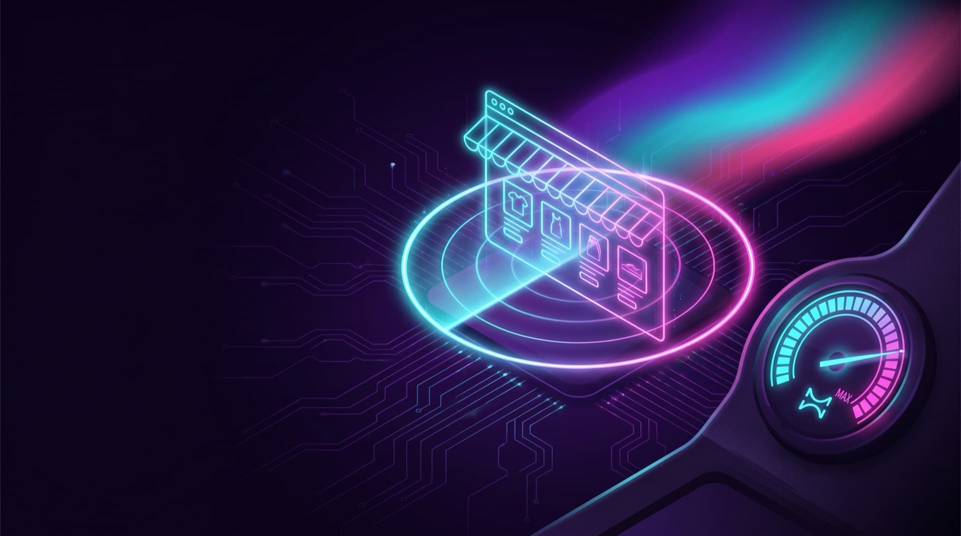 A holographic online storefront being scanned for UCP readiness, with a score gauge