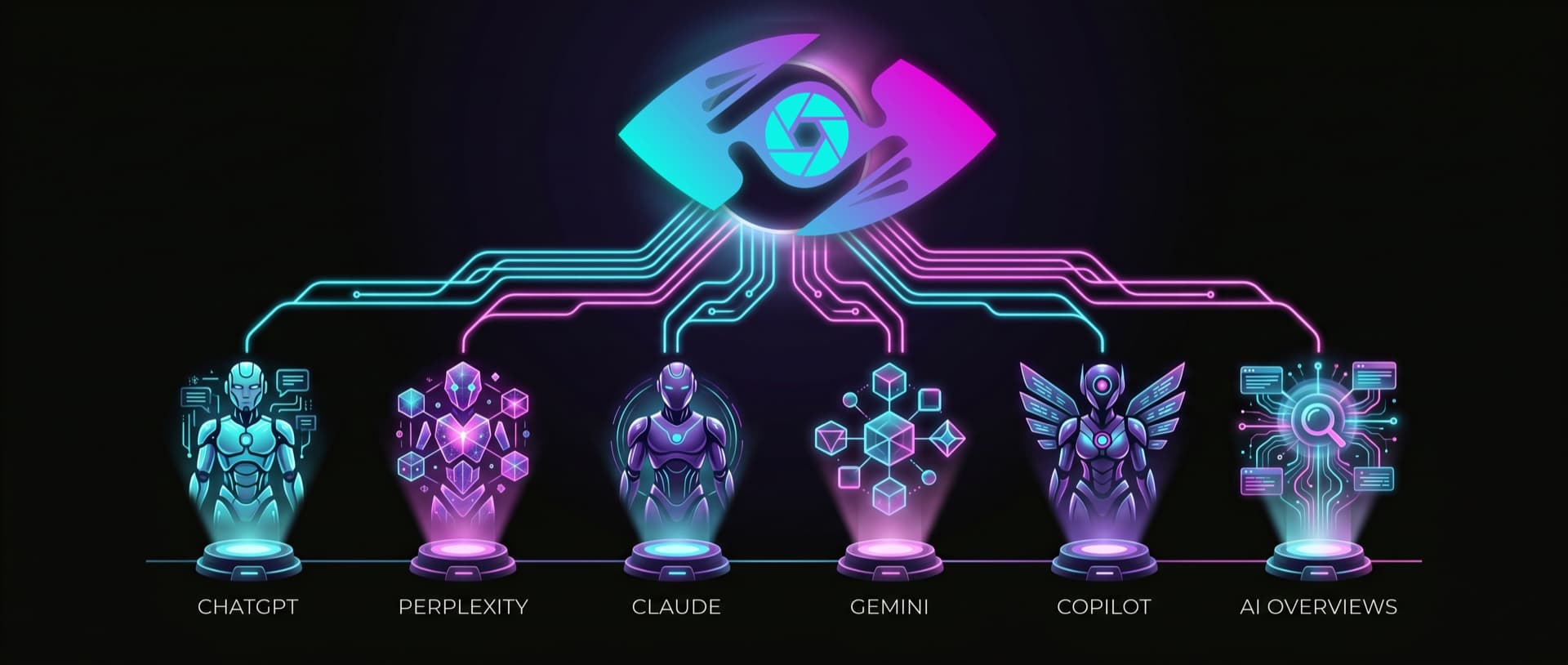 The Capture That Media logo as a central hub feeding the six AI engines, ChatGPT, Perplexity, Claude, Gemini, Copilot, and AI Overviews, shown as robots