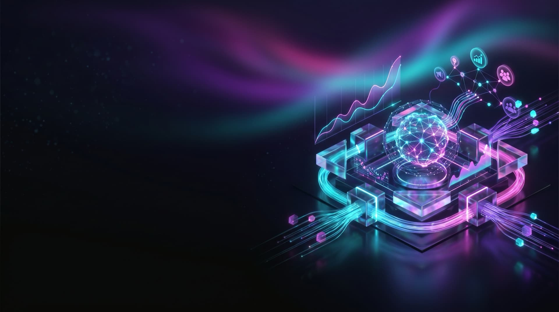 A glowing AI data-engine core fused with marketing analytics