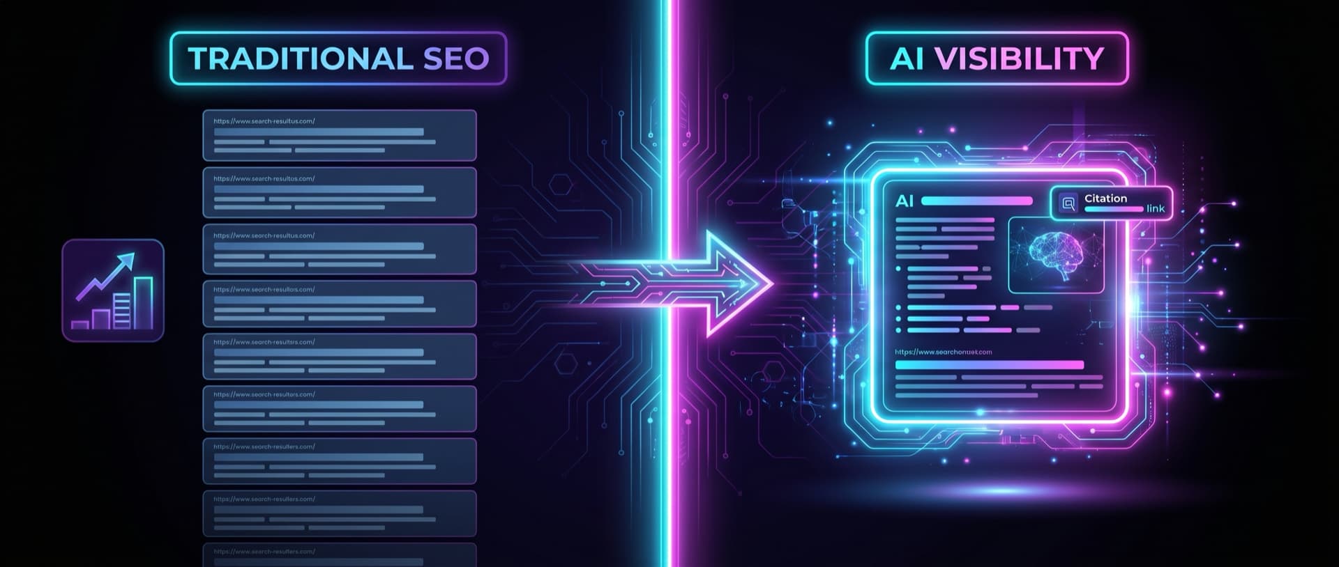 Traditional SEO (a list of Google search results) versus AI Visibility (a single highlighted, cited AI answer)