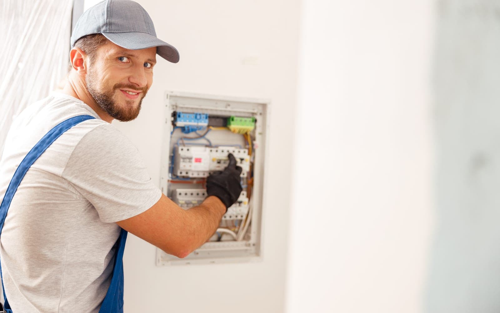 A smiling San Antonio electrician working at a residential breaker panel