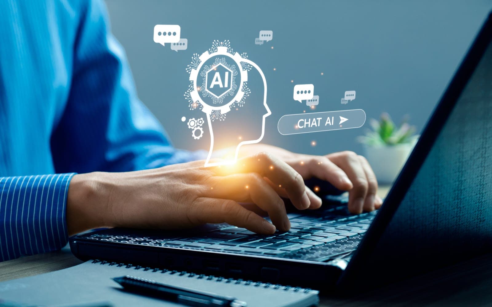 A person typing on a laptop while an AI chat assistant answers their question