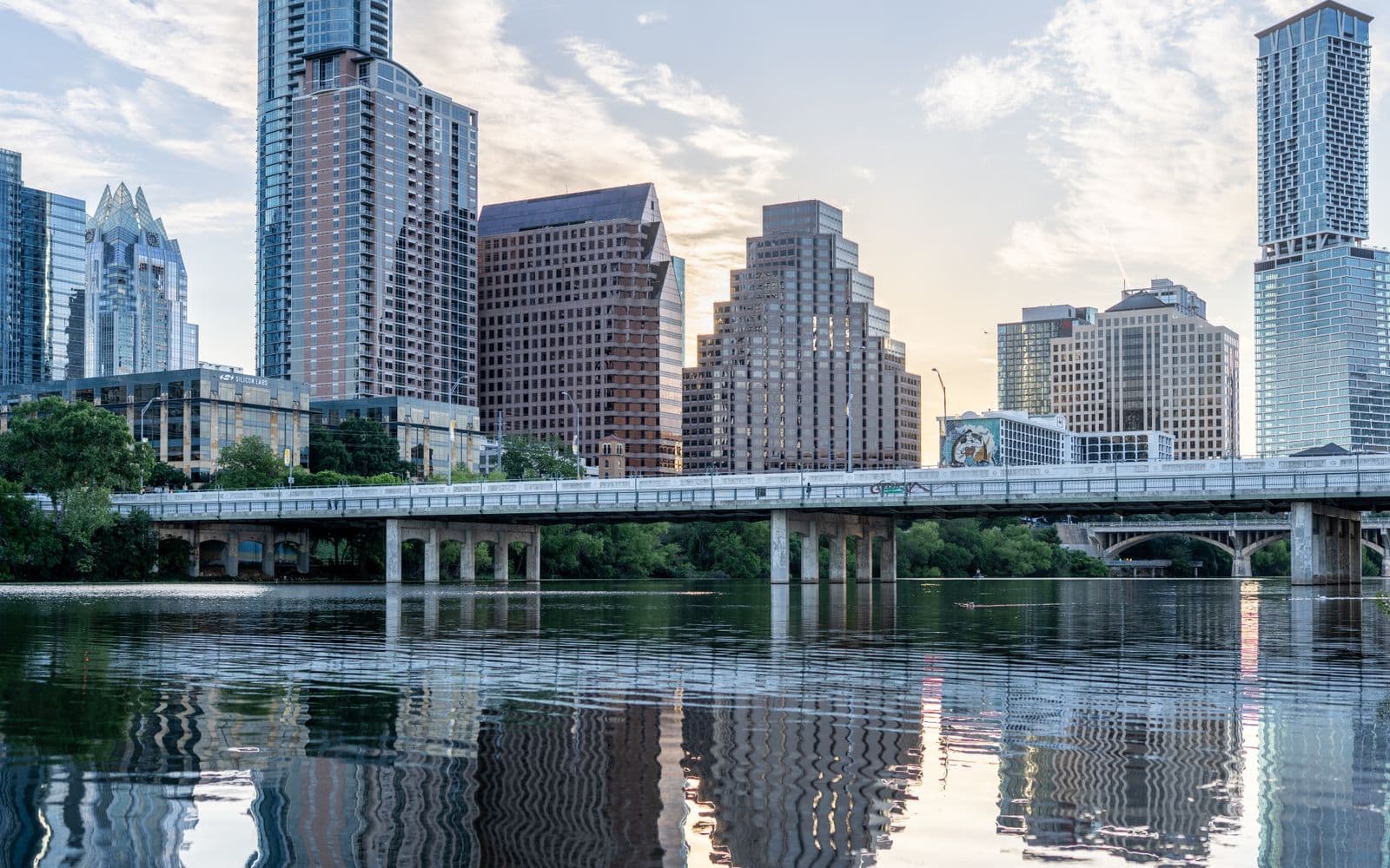 The downtown Austin, Texas skyline and Congress Avenue bridge over Lady Bird Lake