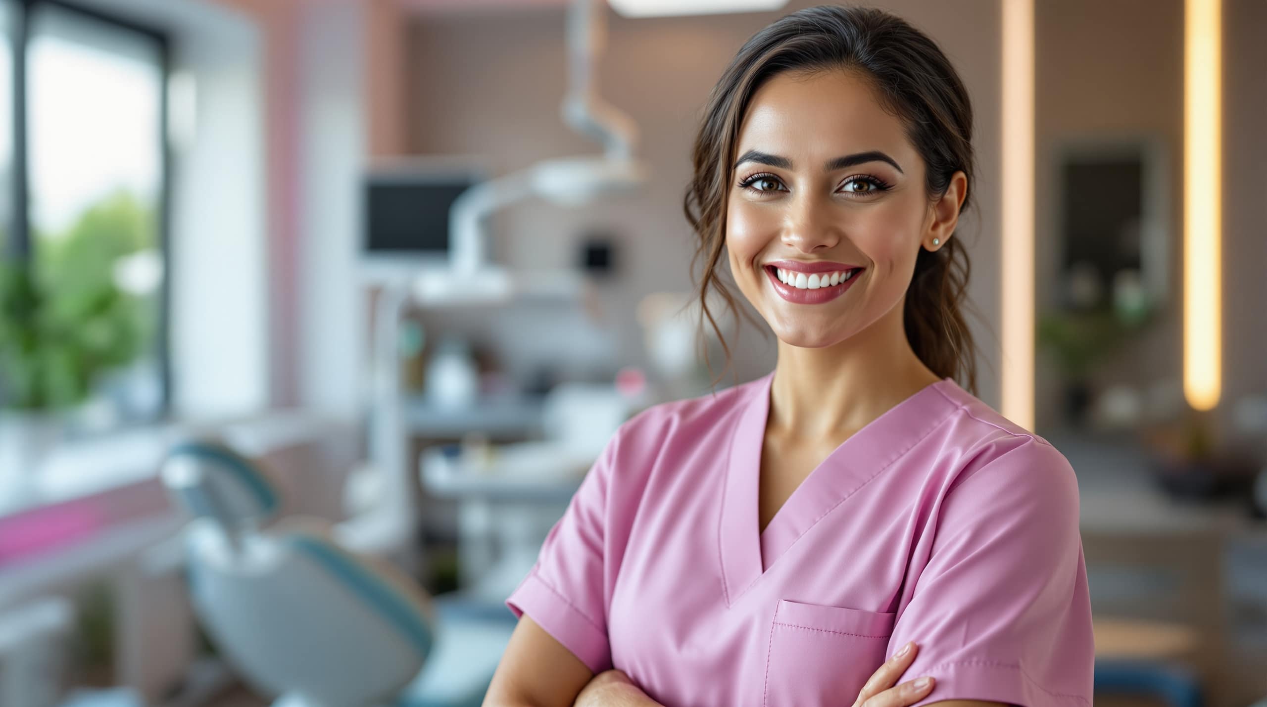 A confident dentist in a modern, light-filled dental practice