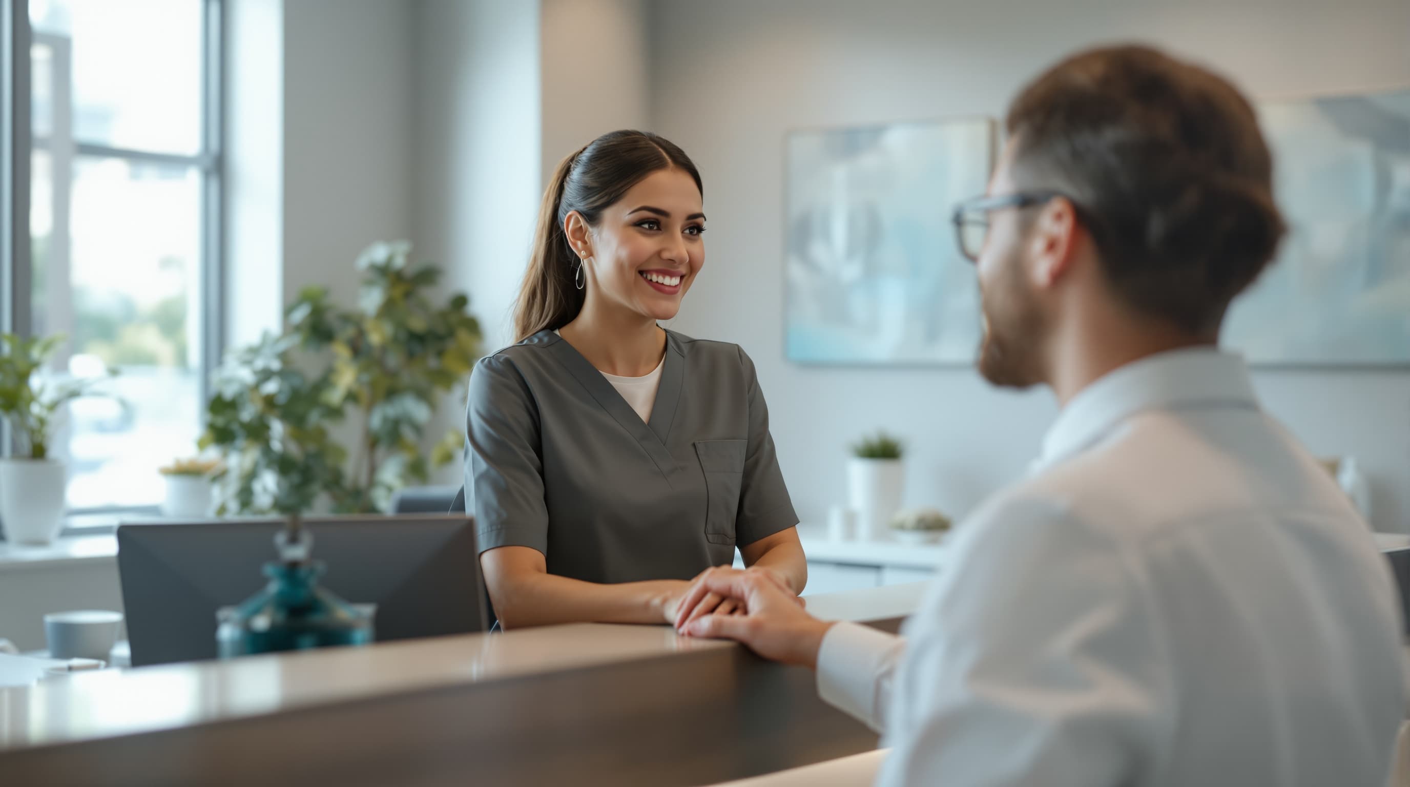 A welcoming dental front desk greeting a patient