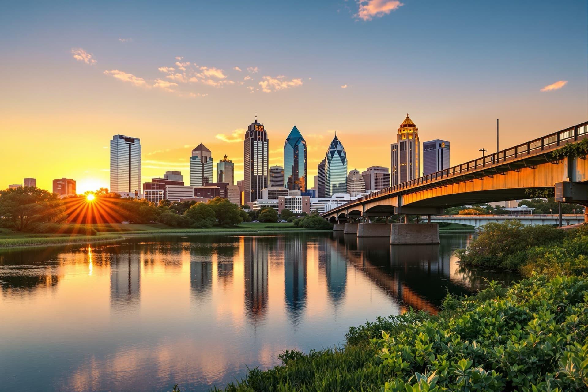 The downtown Austin, Texas skyline and Congress Avenue bridge over Lady Bird Lake