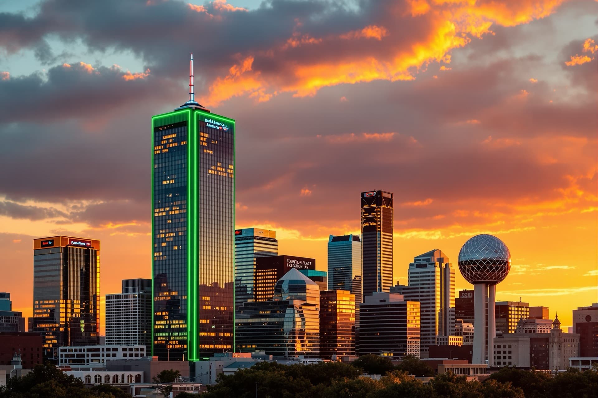 The downtown Dallas, Texas skyline with Bank of America Plaza and Fountain Place