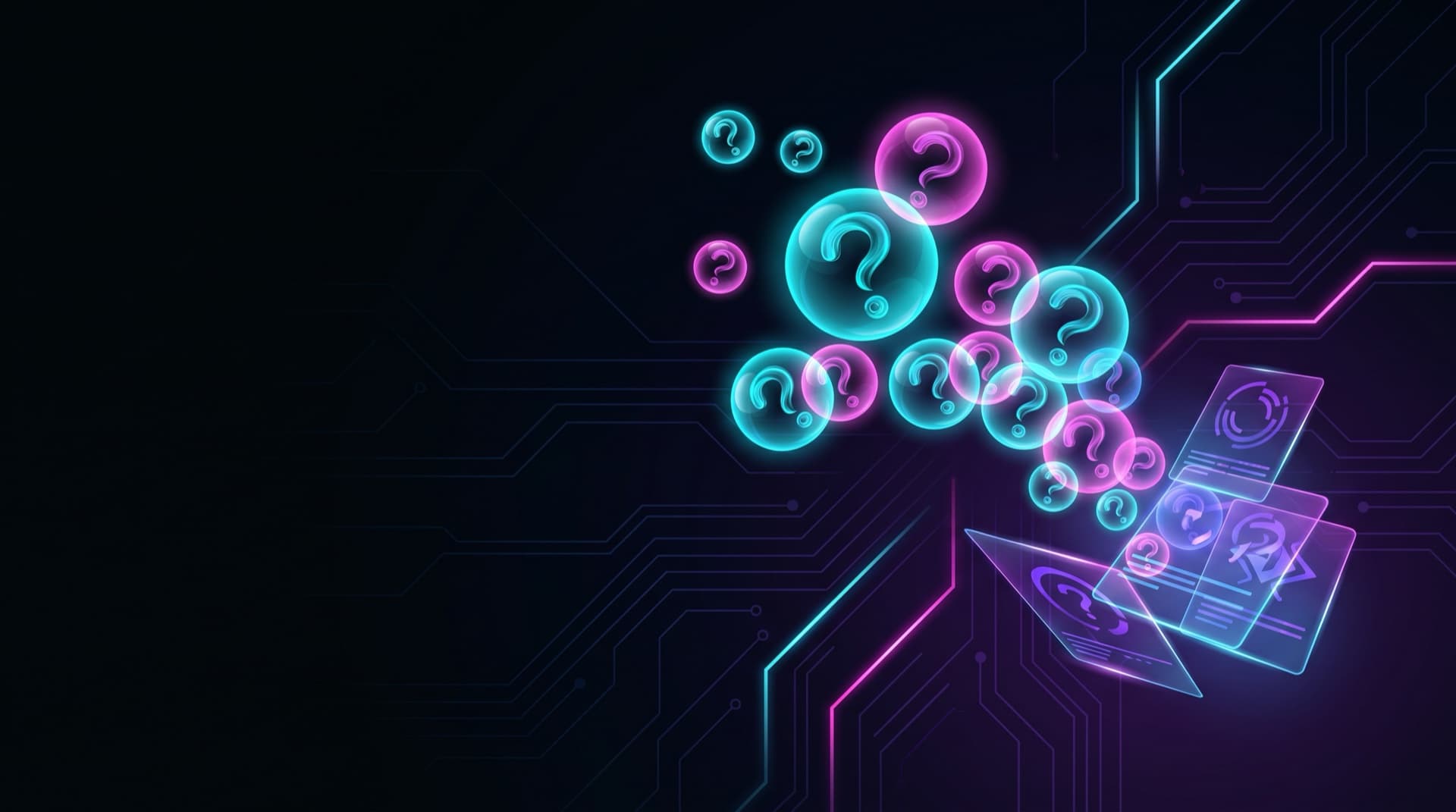Glowing question marks resolving into clear answers