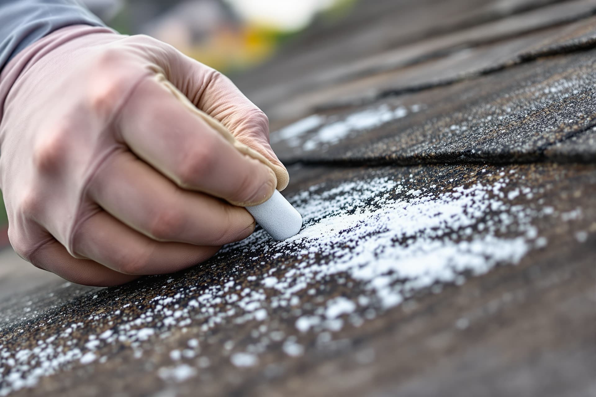 A roof inspector marking hail damage on asphalt shingles in Dallas–Fort Worth