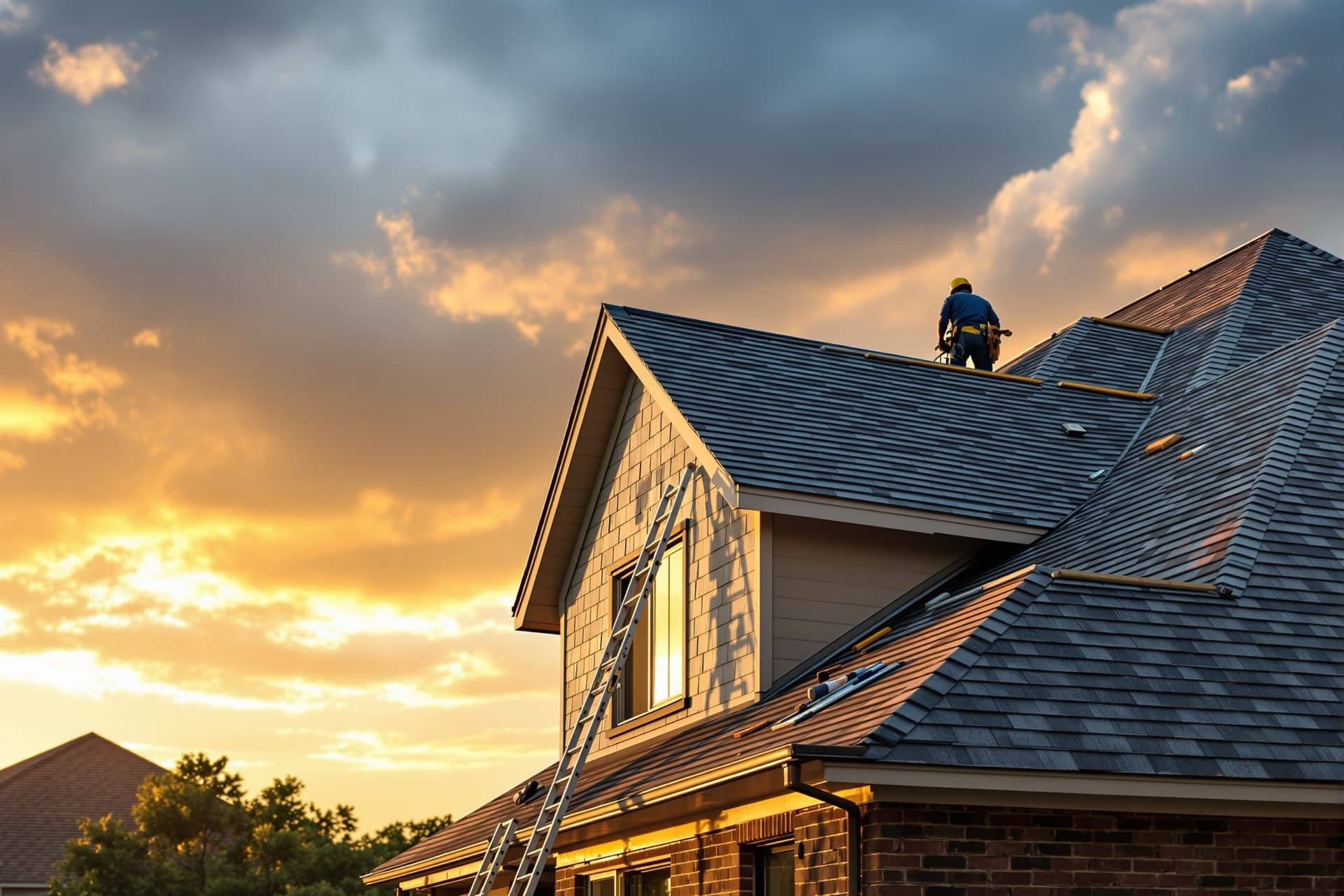 A roofing crew installing new asphalt shingles on a Houston home after a storm