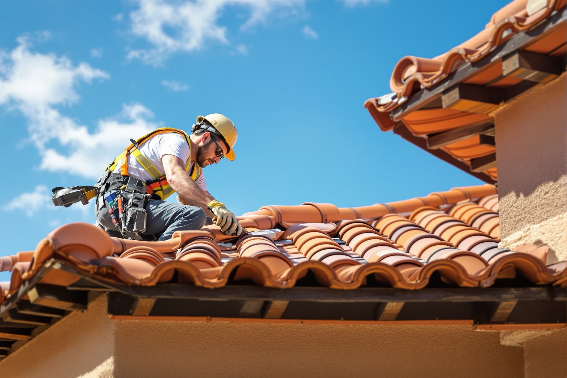 A professional roofer installing terracotta clay barrel-tile on a San Antonio home