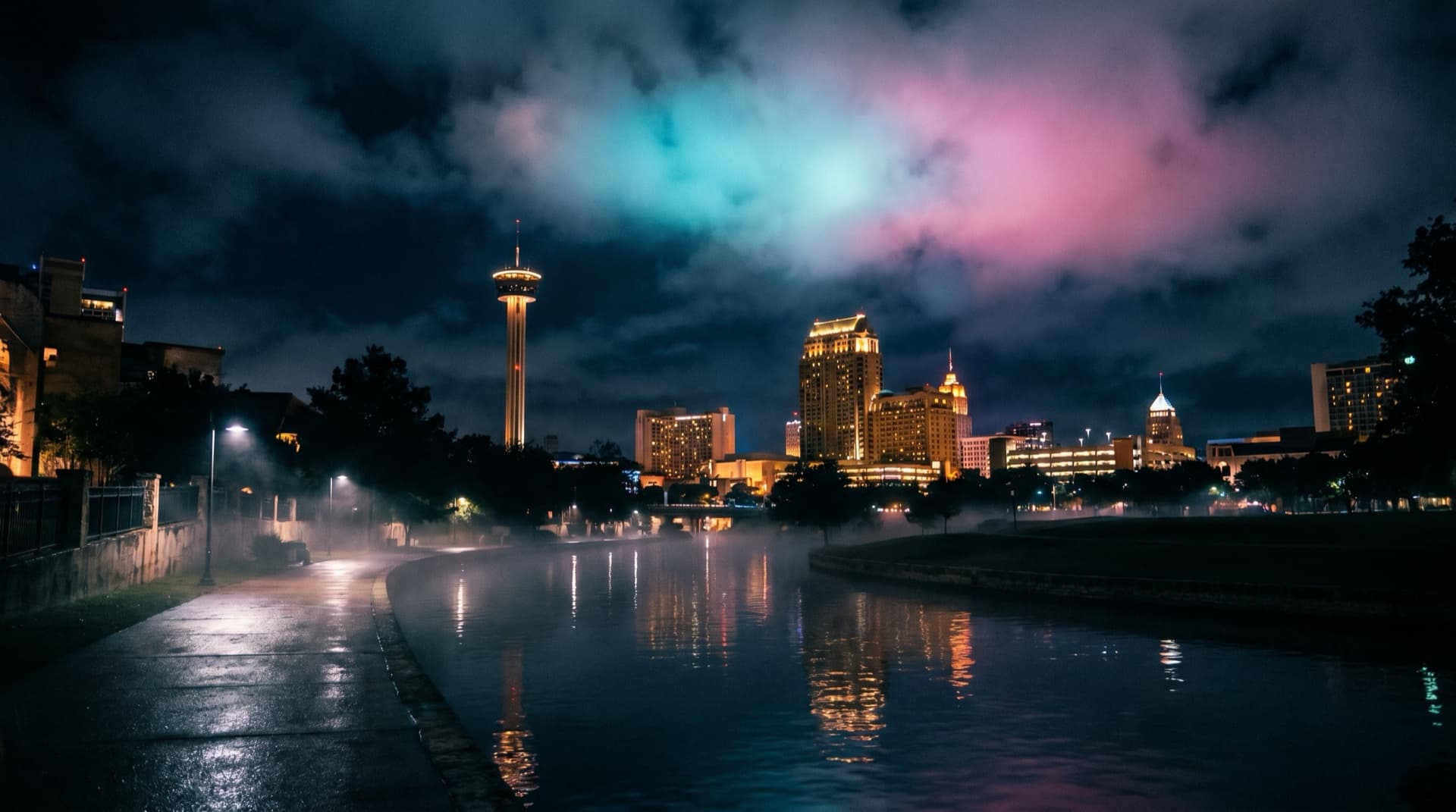The downtown San Antonio skyline glowing at night under a cyan and magenta sky
