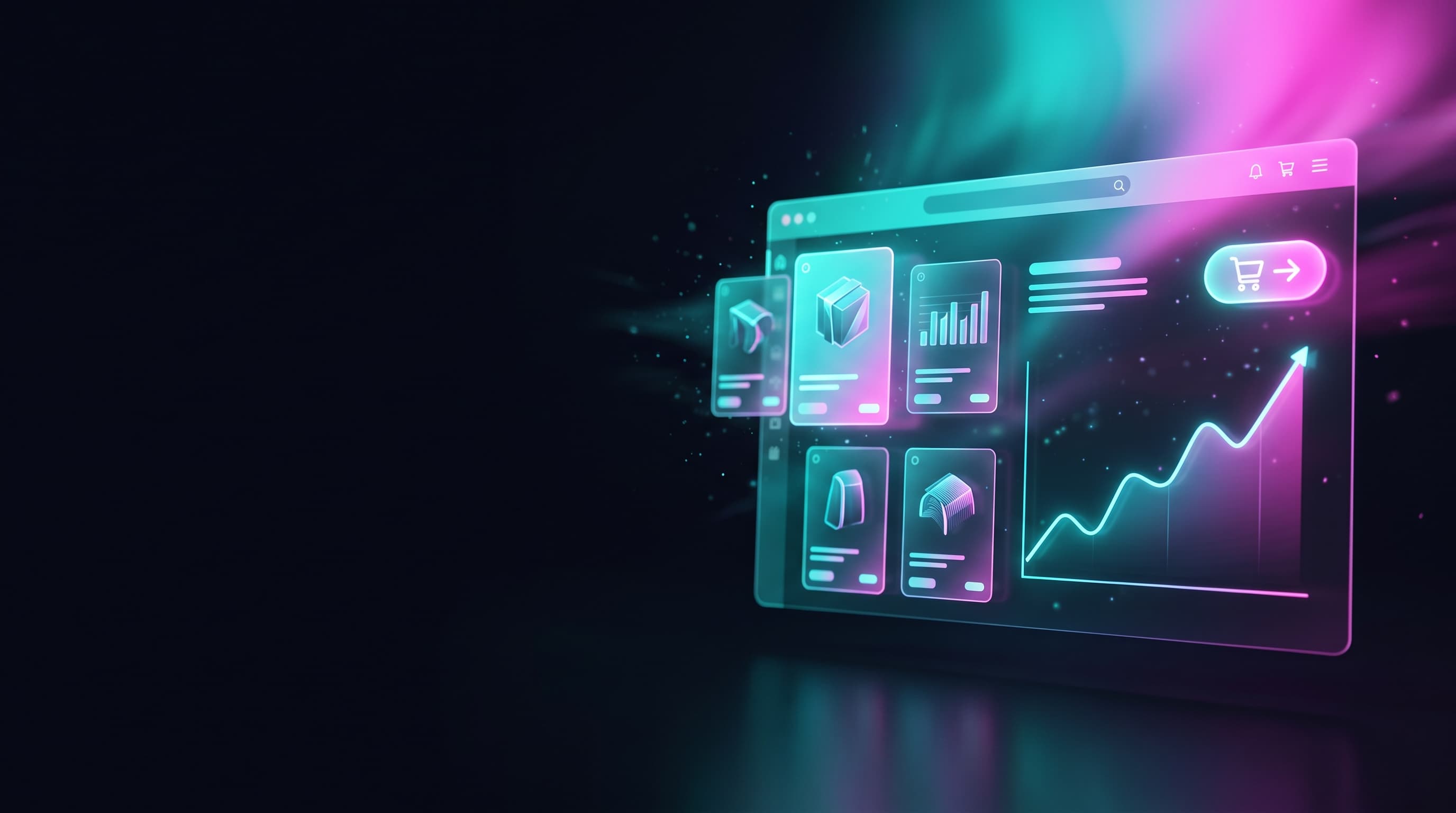 A Shopify store owner's dashboard glowing in CTM's teal-to-magenta aurora, surrounded by product cards, charts and a checkout