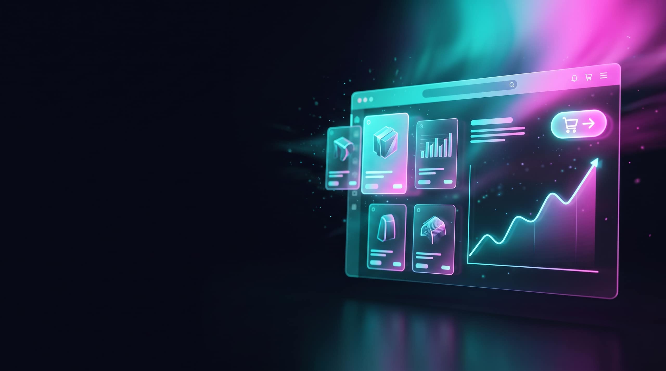A Shopify store owner's dashboard glowing in CTM's teal-to-magenta aurora, surrounded by product cards, charts and a checkout