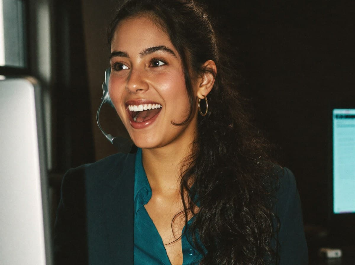 Mia Treviño, Capture That Media's bilingual AI front desk, smiling in a headset at her workstation