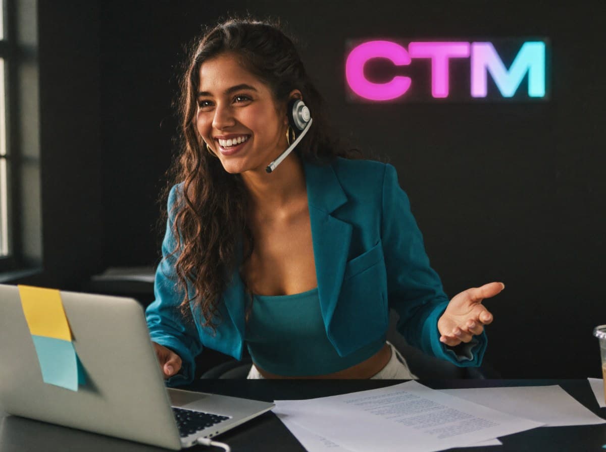 Mia, Capture That Media's AI front desk assistant, working in a headset at her desk beneath the glowing CTM sign