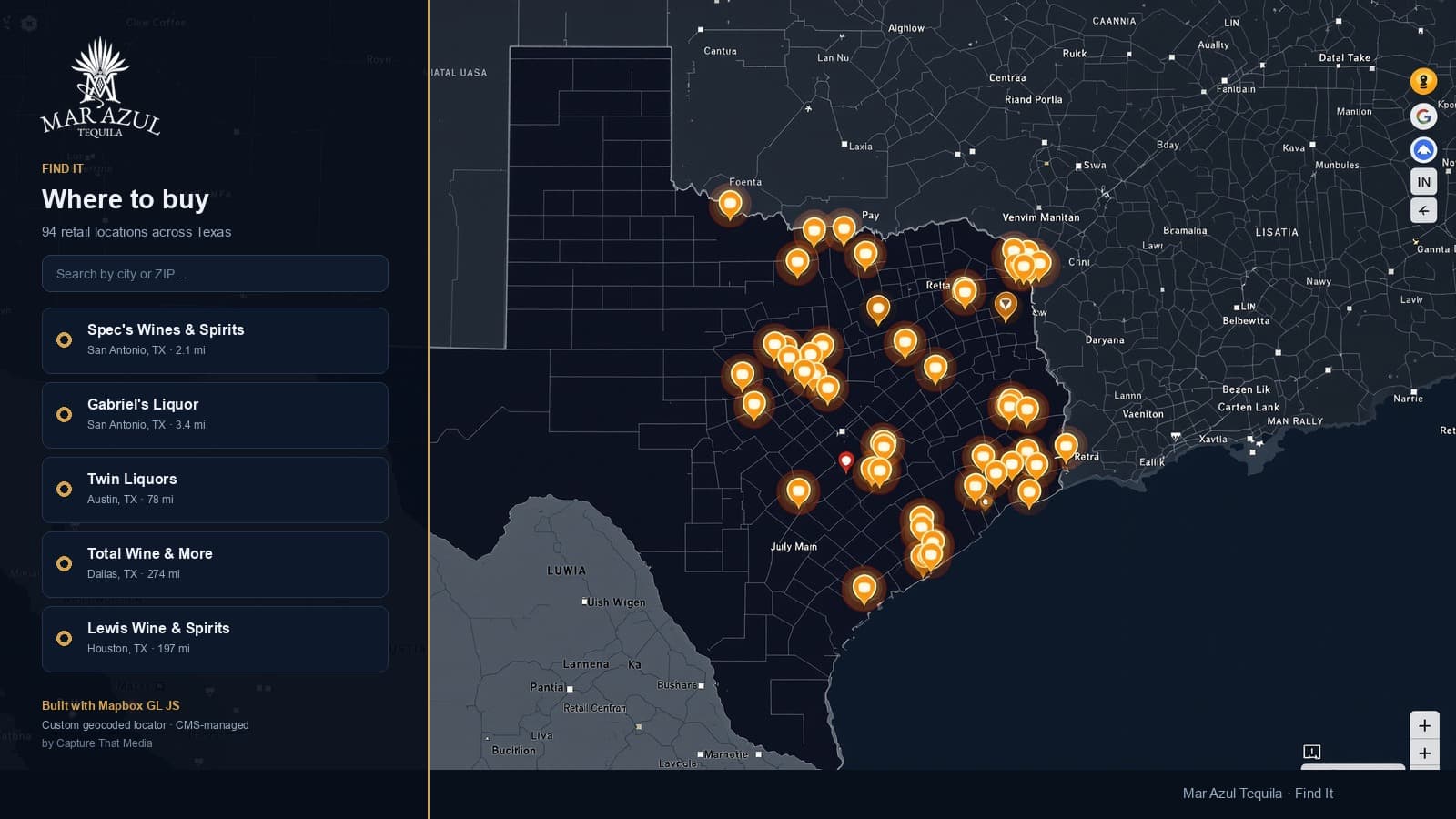 The custom Mar Azul Tequila store locator, a Mapbox GL JS map plotting 94 Texas retail accounts with brand-styled pins and an instant city/ZIP search built by Capture That Media