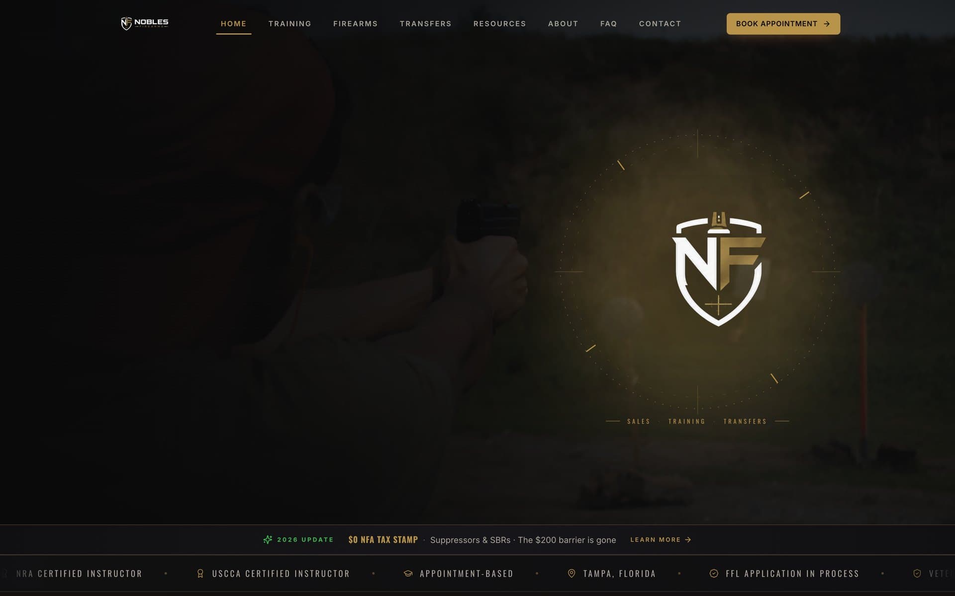 The Nobles Firearms website homepage designed and built by Capture That Media, a dark, premium layout with the glowing NF shield and veteran credentials