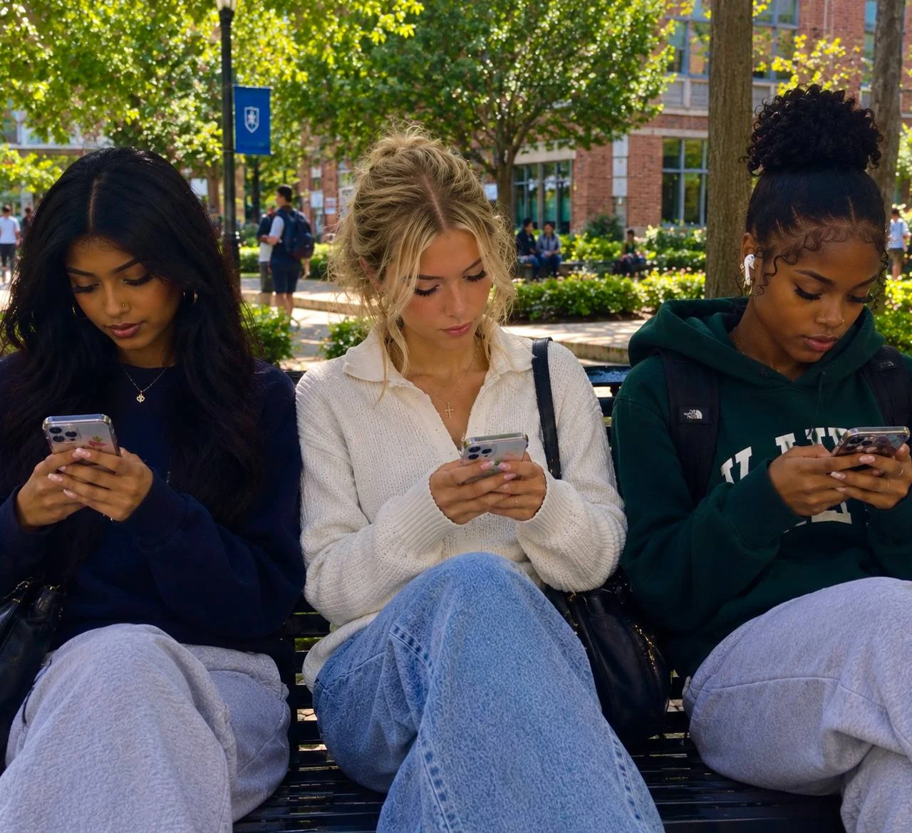 Three young adults using their phones together on a campus bench.