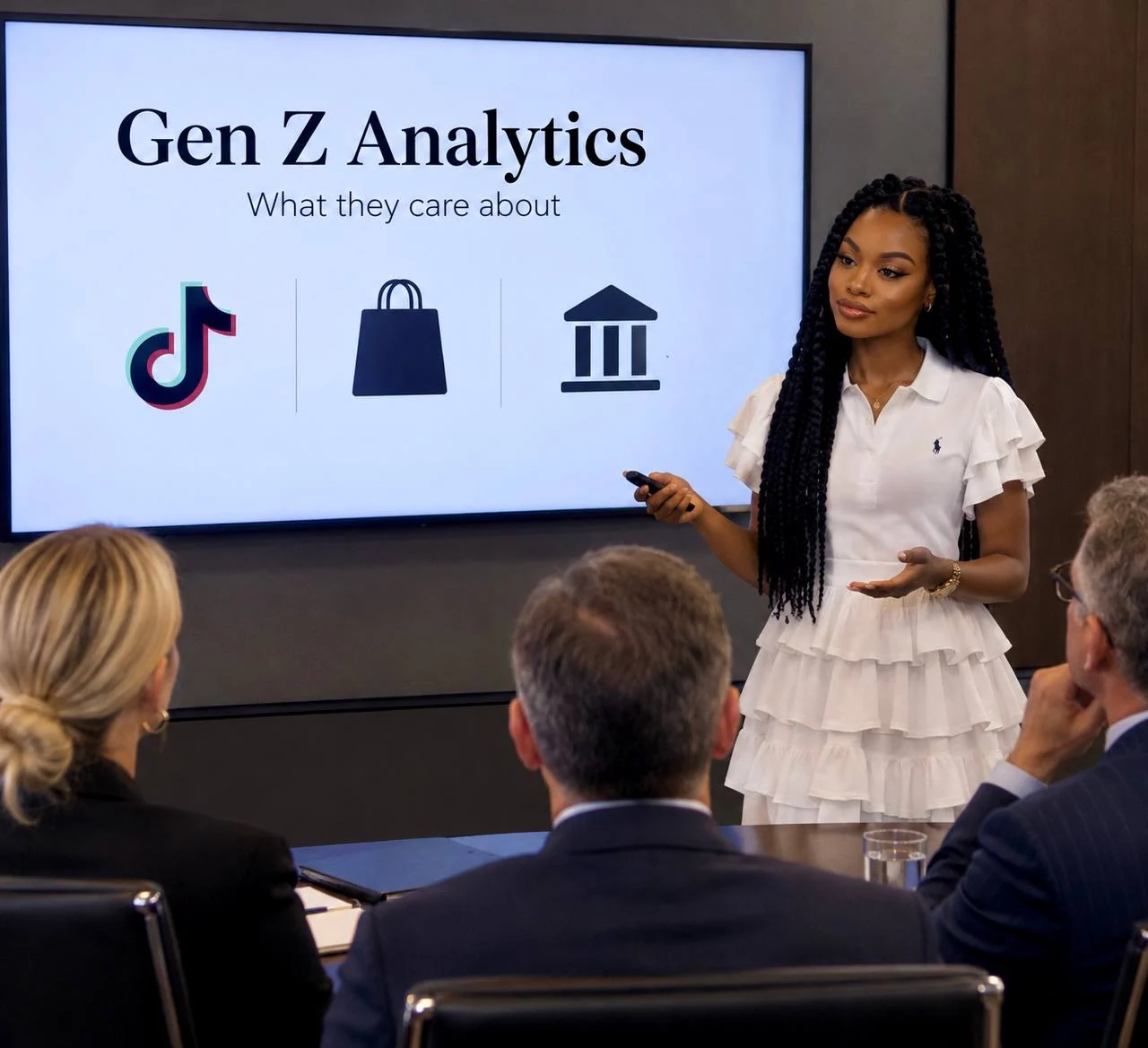 Justice Jenee’ presenting Gen Z audience insights to a group.
