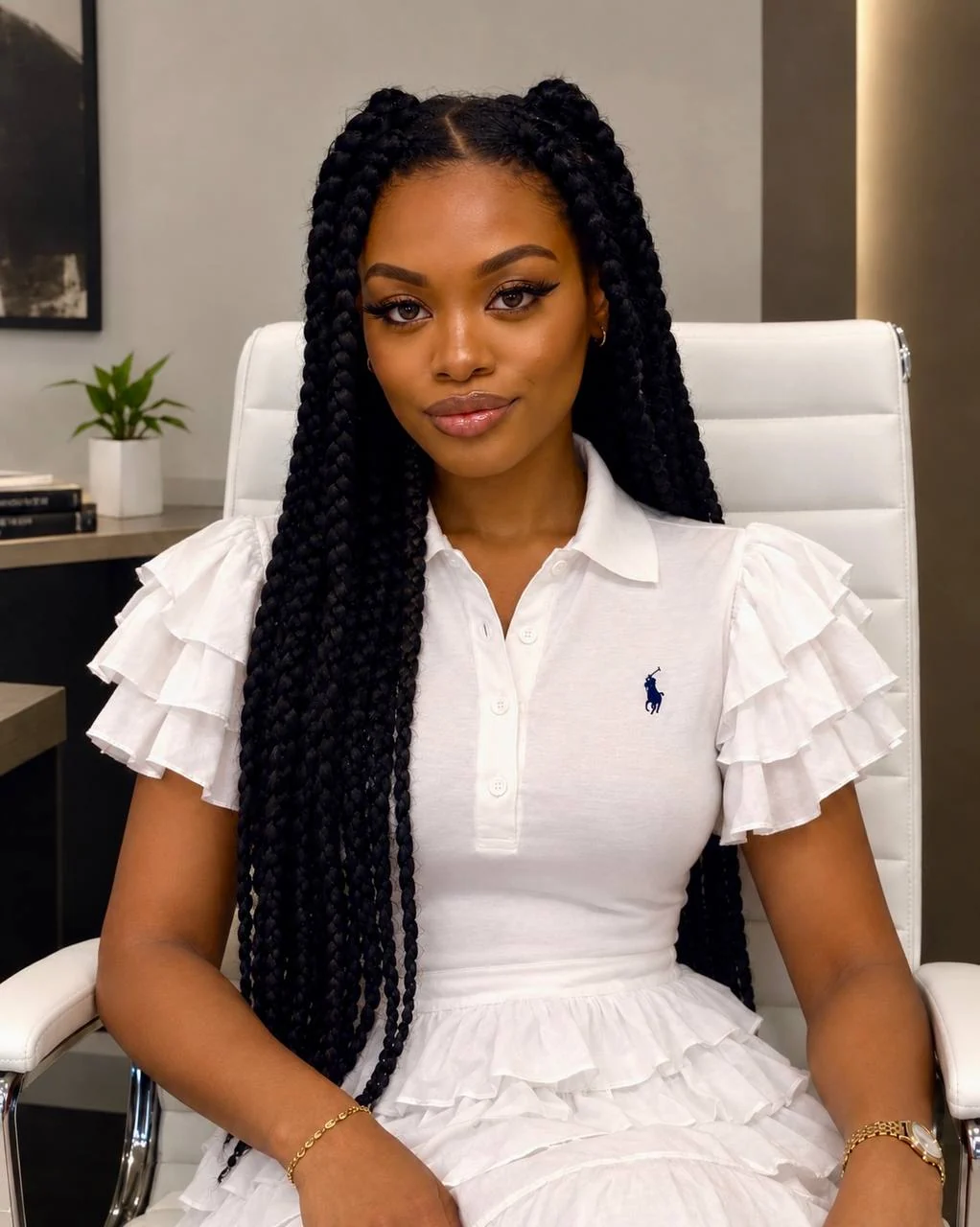 Justice Jenee’ seated in a white chair wearing a white dress.
