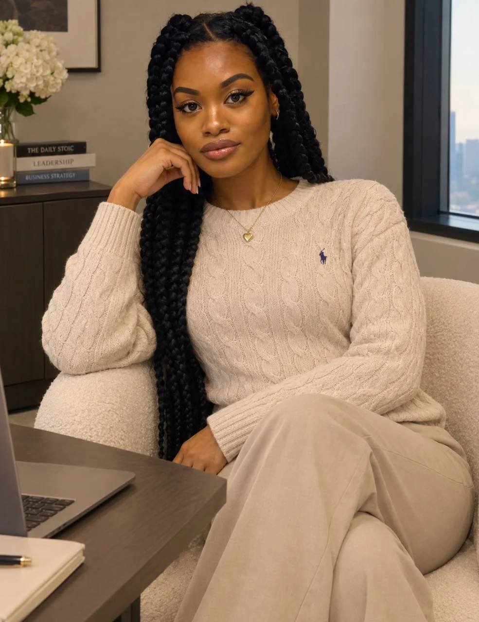 Justice Jenee’ seated at a desk in a cream sweater.